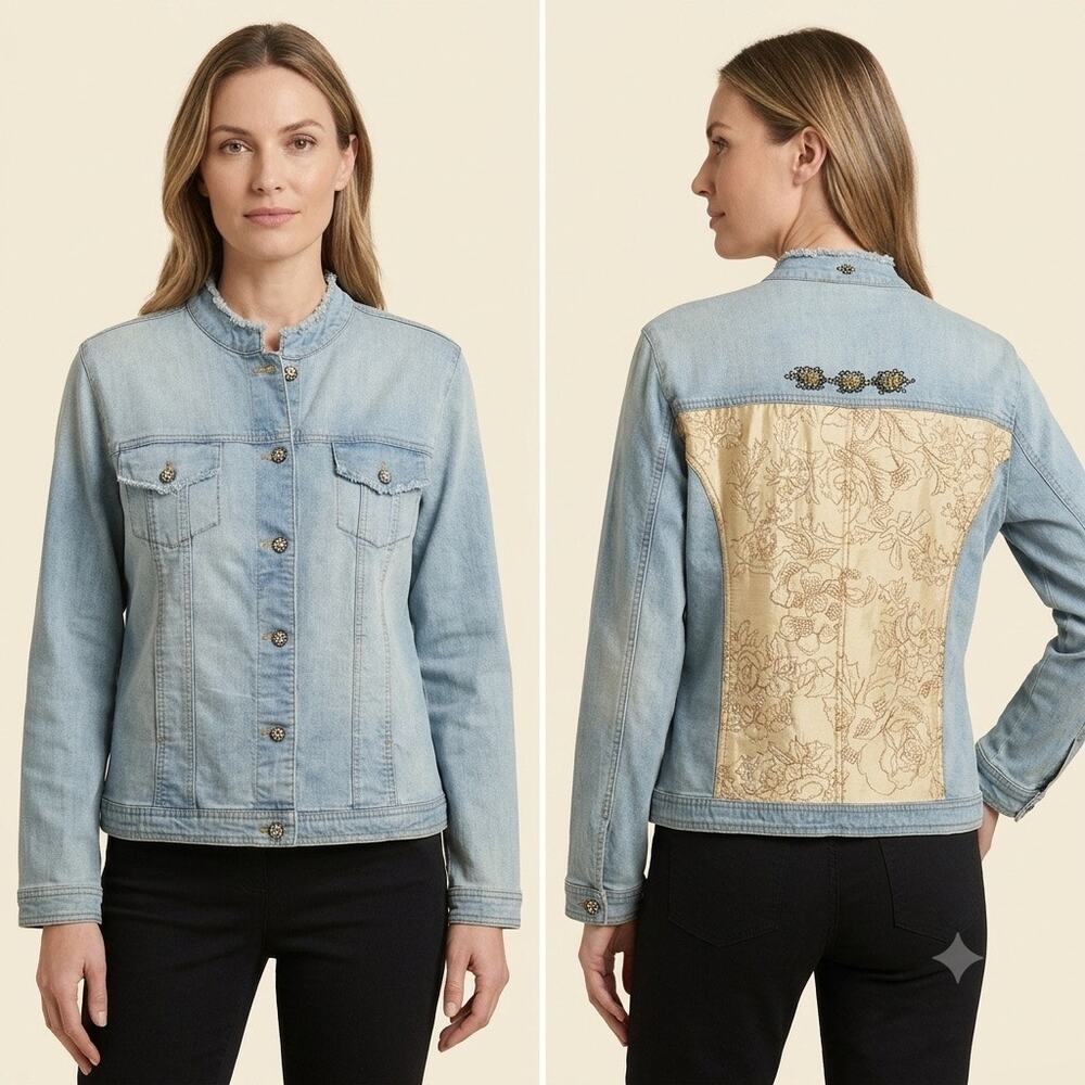 149-Chico’s Size 2 Denim Jacket with Silk Embroidery / PTP 24